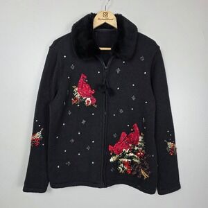 Tiara International Black Cardinal Sequin Beaded Zip Up Sweater Faux Fur Collar